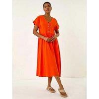 Roman Linen Look Button Midi Dress - Orange