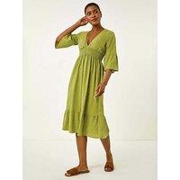 Roman Linen Look Shirred Midi Dress - Green