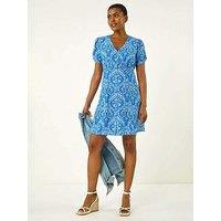 Roman Daisy Print V-Neck Tea Dress - Blue