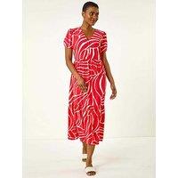 Roman Linear Print Midi Shirt Dress - Red