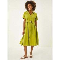 Roman Linen Look Belted Shirt Dress - Lime