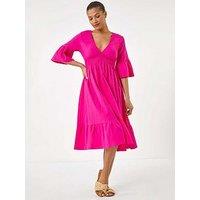 Roman Linen Look Shirred Midi Dress - Fuchsia