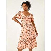 Roman Petite Floral Ruched Midi Dress - Orange
