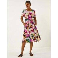 Roman Floral Print Smock Dress - Purple