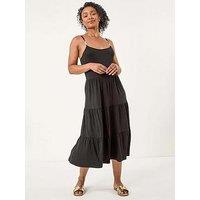 Roman Petite Bead Trim Strappy Tiered Dress - Black