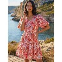 Roman Dusk Paisley Print V-Neck Hotfix Dress - Red