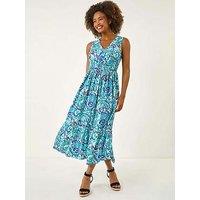 Roman Paisley Print Shirred Maxi Dress - Turquoise