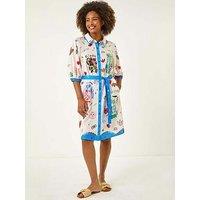 Roman Motif Print Tie Waist Shirt Dress - Blue