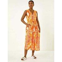 Roman Abstract Print Halter Midi Dress - Orange