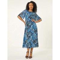 Roman Petite Abstract Print Gathered Midi Dress - Navy