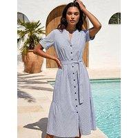 Roman Stripe Tie Waist Midi Dress - Blue