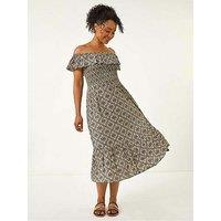 Roman Petite Geo Print Bardot Midi Dress - Grey