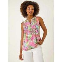 Roman Tropical Leaf Print Pintuck Top - Rose