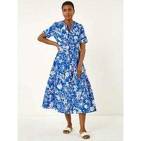Roman Floral Print Tie Waist Midi Dress - Royal Blue