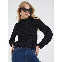 River Island All Over Shirred Top - Black
