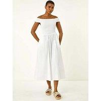 Roman Shirred Cotton Midi Dress - White