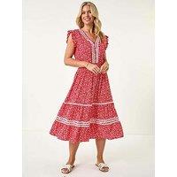 Roman Petite Floral Print Ric Rac Midi Dress - Red