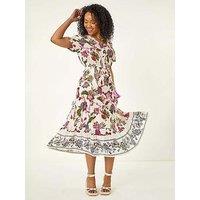 Roman Petite Floral Dobby Print Midi Dress - Ivory