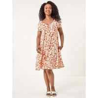 Roman Petite Floral Print Swing Pocket Dress - Orange