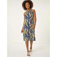 Roman Gathered Palm Print Swing Stretch Dress - Yellow