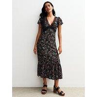 New Look Floral Print Lace Trim Midi Dress - Black
