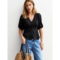 New Look Crinkle Texture Button Detail Tea Blouse - Black