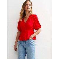 New Look Crinkle Texture Button Detail Tea Blouse - Red