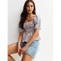 New Look Scarf Print Shirred Top - Blue
