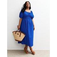 New Look Curves Milkmaid Puff Sleeve Midi Dress - Bright Blue