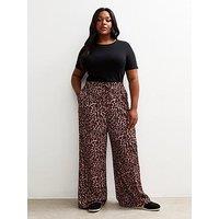 New Look Curves Brown Leopard Print Textured Wide Leg Trousers