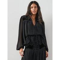 The Very Collection Velvet Applique Embellished Detail Balloon Sleeve Co-Ord Blouse - Black
