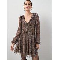 The Very Collection V Neck Plisse Long Sleeve Mini Dress - Brown