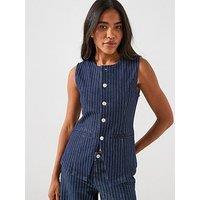 Pieces Long Striped Denim Vest - Blue