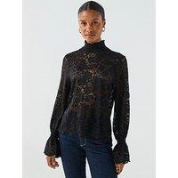 Pieces Long Sleeve Lace Top - Black
