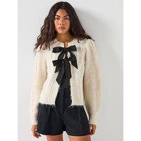 Pieces Long Sleeve O-Neck Bow Knit Cardigan - Beige