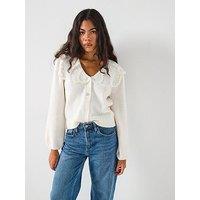 Pieces Abby Long Sleeve Lace Collar Knit Cardigan - Cream