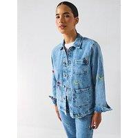 Pieces Jidi Long Sleeve Denim Embroidered Shacket - Blue