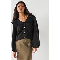 Pieces Abby Long Sleeve Lace Collar Knit Cardigan - Black