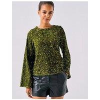 Pieces Long Sleeve Deep Back Bow Top - Green