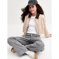 New Look 915 Girls Off White Contrast Collar Cropped Barn Jacket - Beige