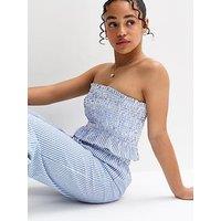 New Look 915 Girls Blue Striped Shirred Bandeau Top - Light Blue