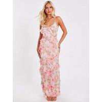 Quiz Coral Chiffon Floral Print Maxi Dress
