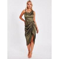 Quiz Khaki Satin Ruched Midi Dress