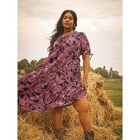 Yours Curve Puff Sleeve Bow Dress - Pink