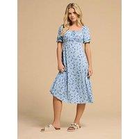 Pixiegirl Petite Vintage Ditsy Square Neck Midi Dress - Blue