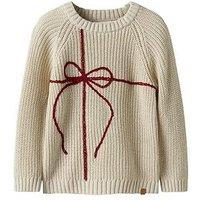 Lil Atelier Mini Girls Bow Christmas Jumper - Cream