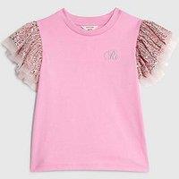 River Island Mini Girls Sequin Frill Sleeve T-Shirt - Pink