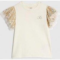 River Island Mini Girls Sequin Frill T-Shirt - Cream