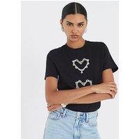 River Island Short Sleeve Heart Diamante T-Shirt - Black