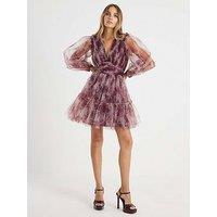 River Island Short Sleeve Mini Tulle Dress - Beige